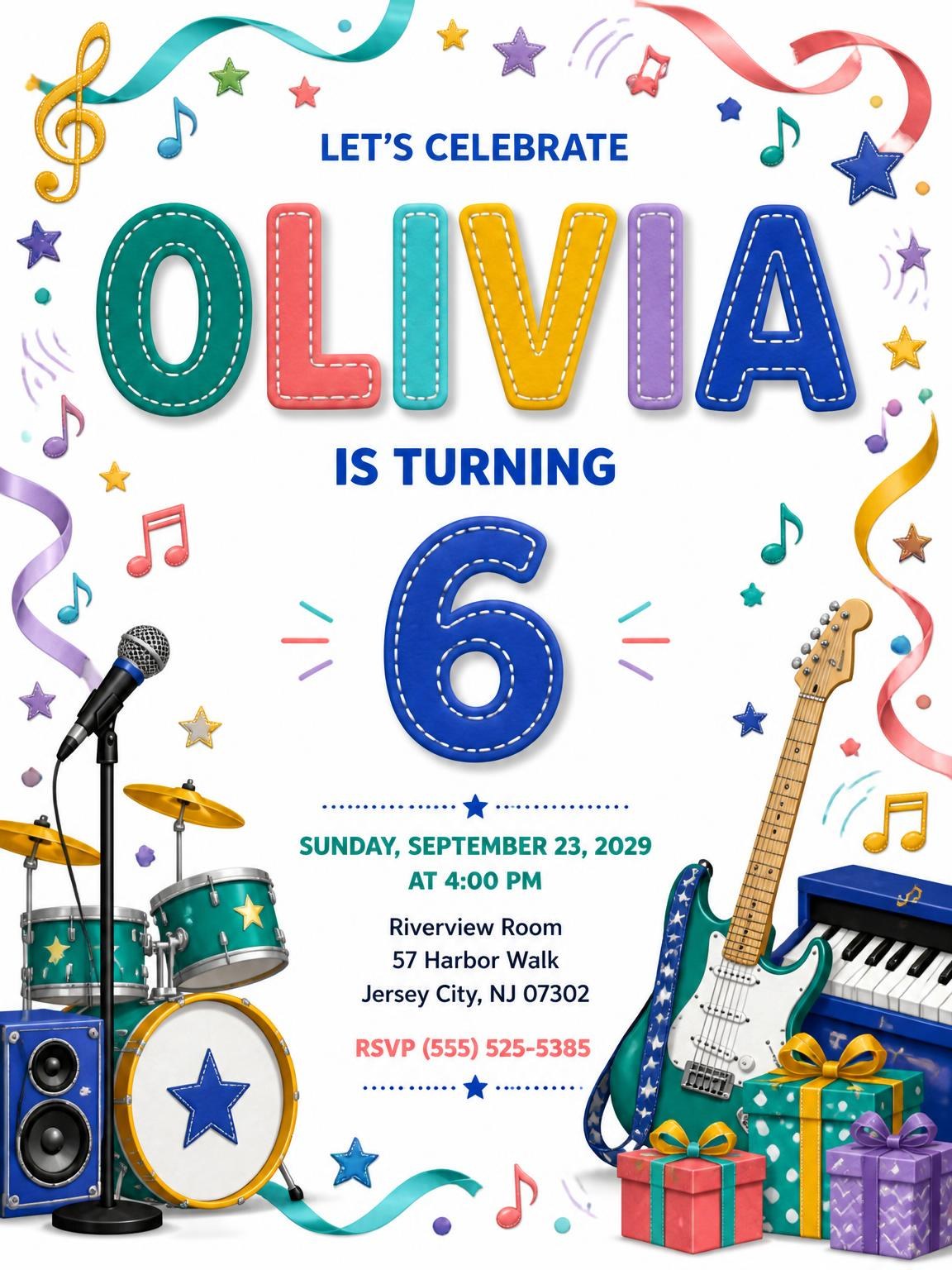 Stitched Rock Star 6th Birthday Invitation