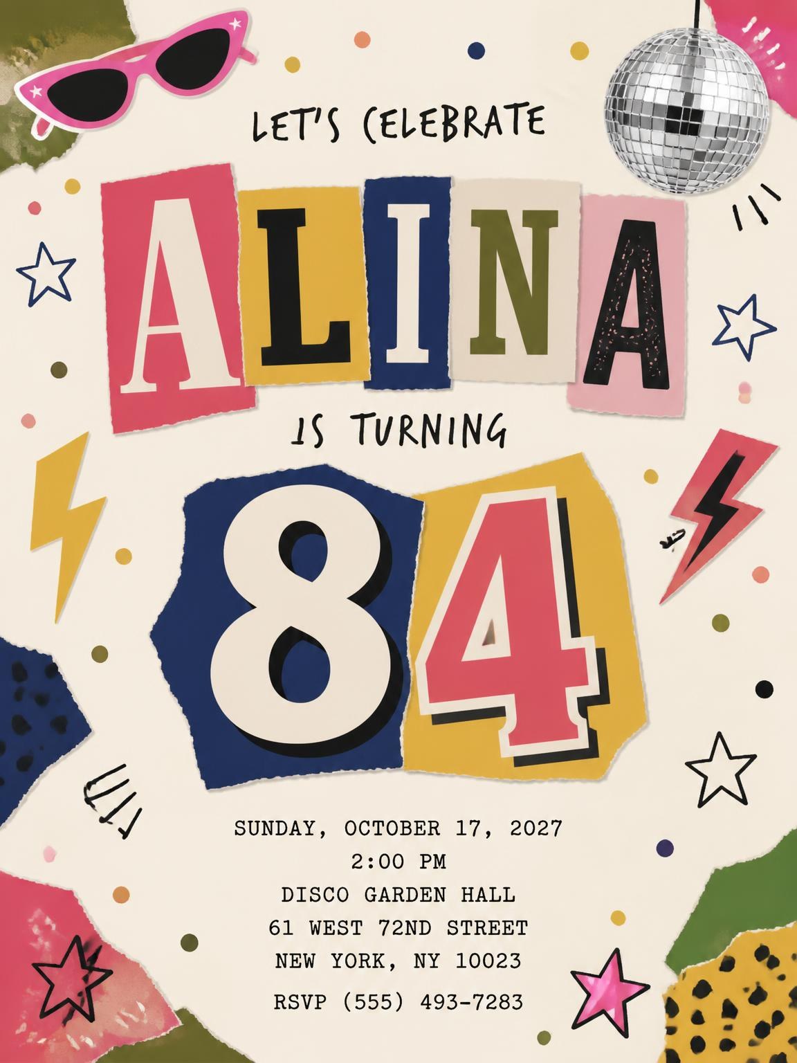 Retro Paper Collage 84th Birthday Invitation