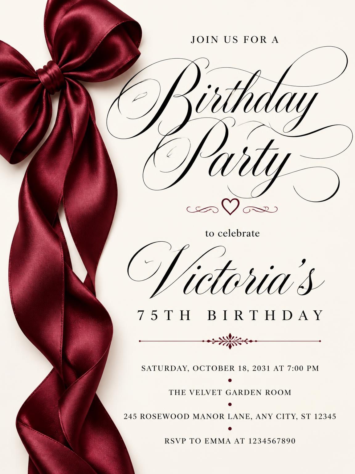 Burgundy Satin Bow 75th Birthday Invitation