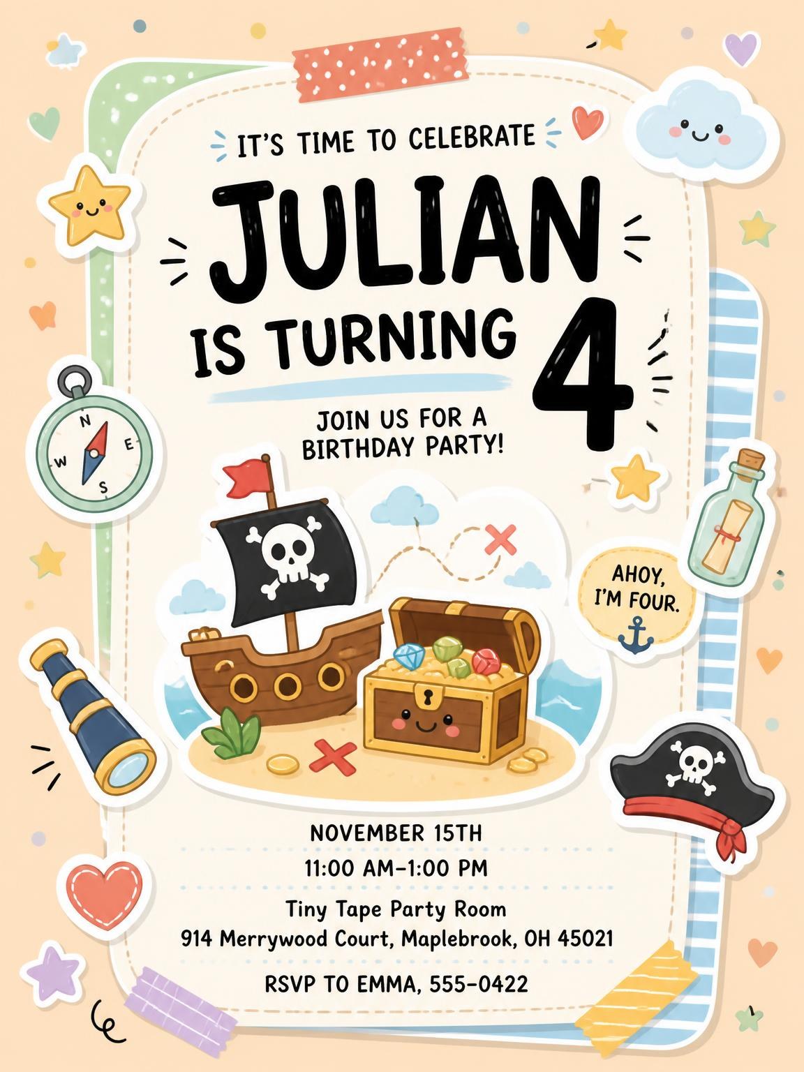 Treasure Chest Pastel 4th Birthday Invitation