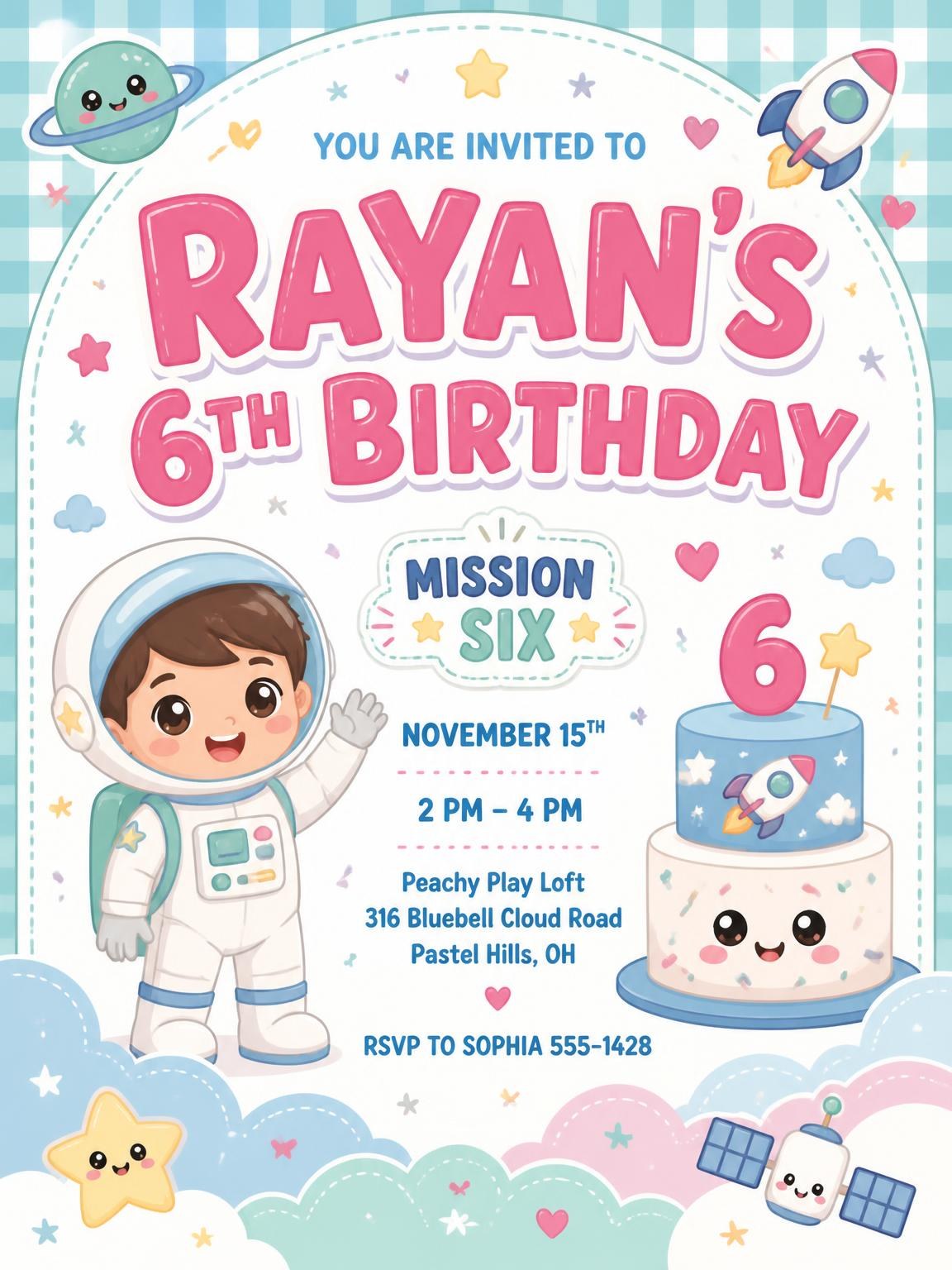 Planet Kawaii Pastel 6th Birthday Invitation