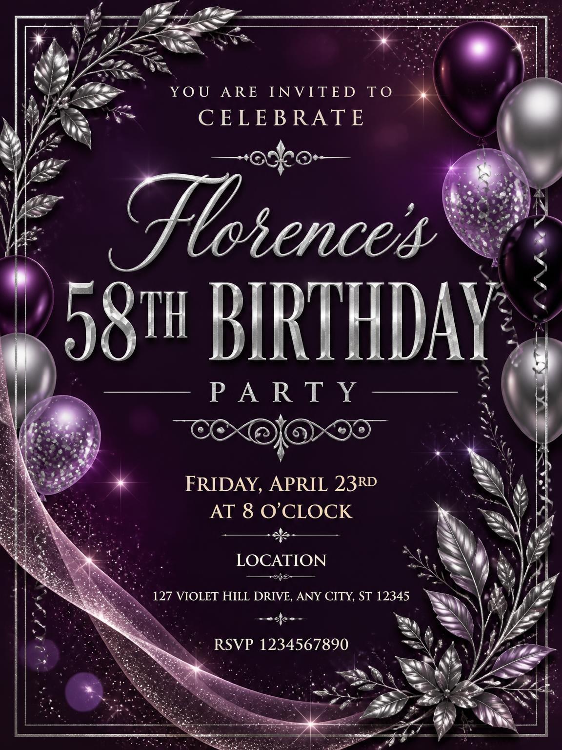 Plum and Silver 58th Birthday Invitation