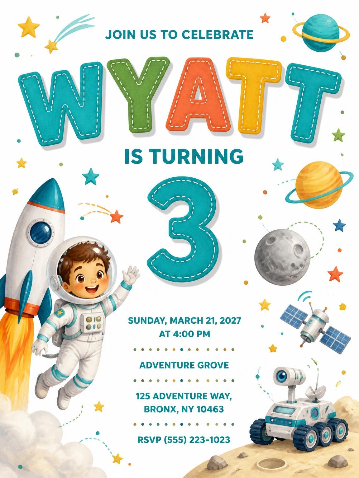 Rocket Ship Stitched 3rd Birthday Invitation