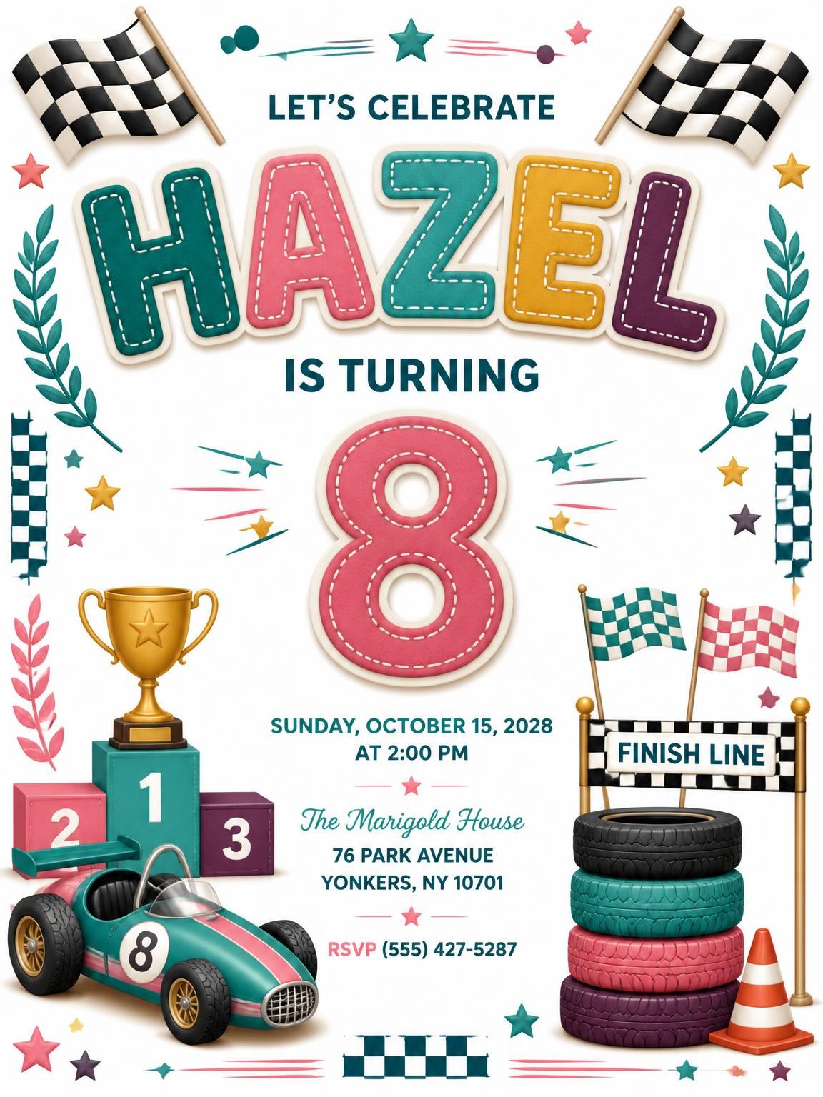 Stitched Race Car 8th Birthday Invitation