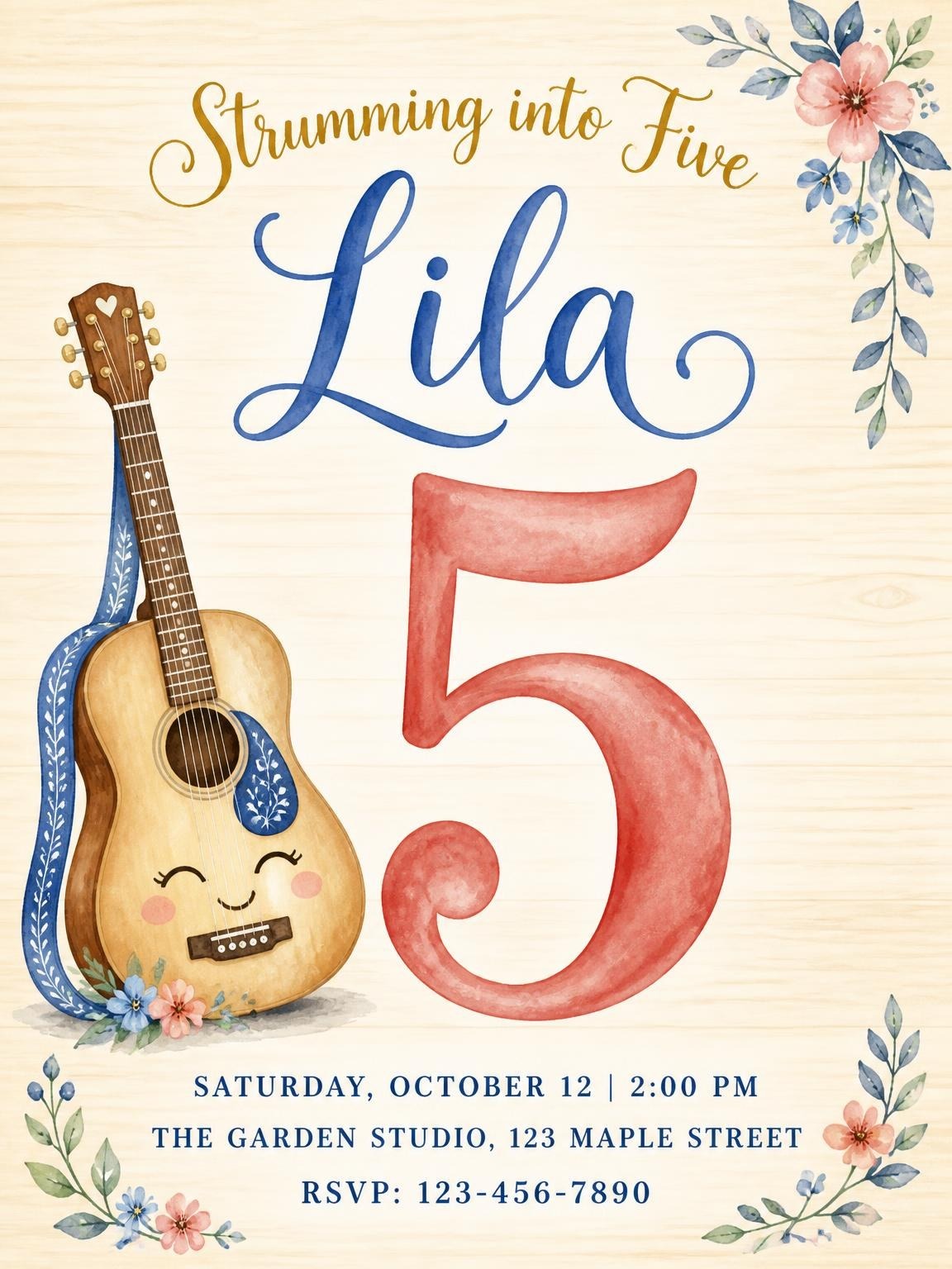 Watercolor Acoustic Guitar 5th Birthday