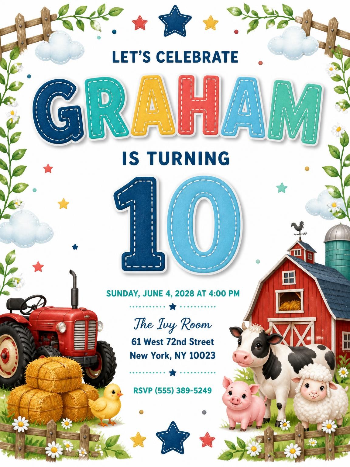 Stitched Farm 10th Birthday Invitation