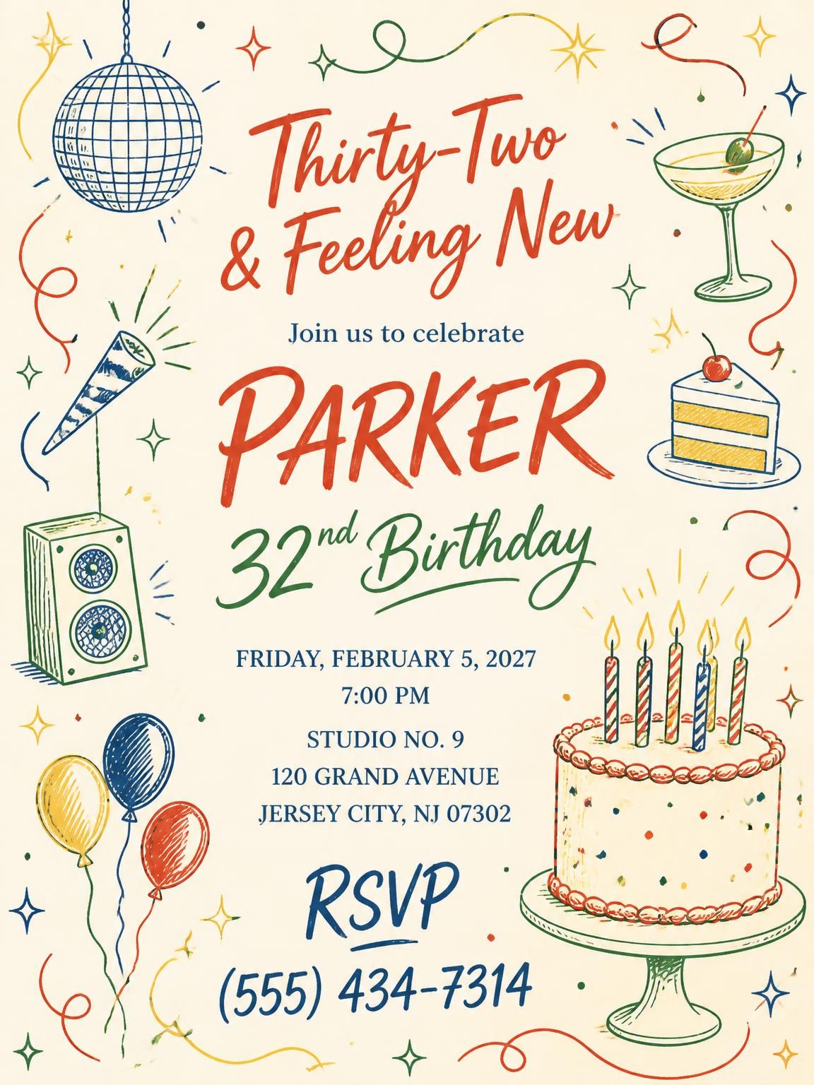 Retro Doodle 32nd Birthday Invitation