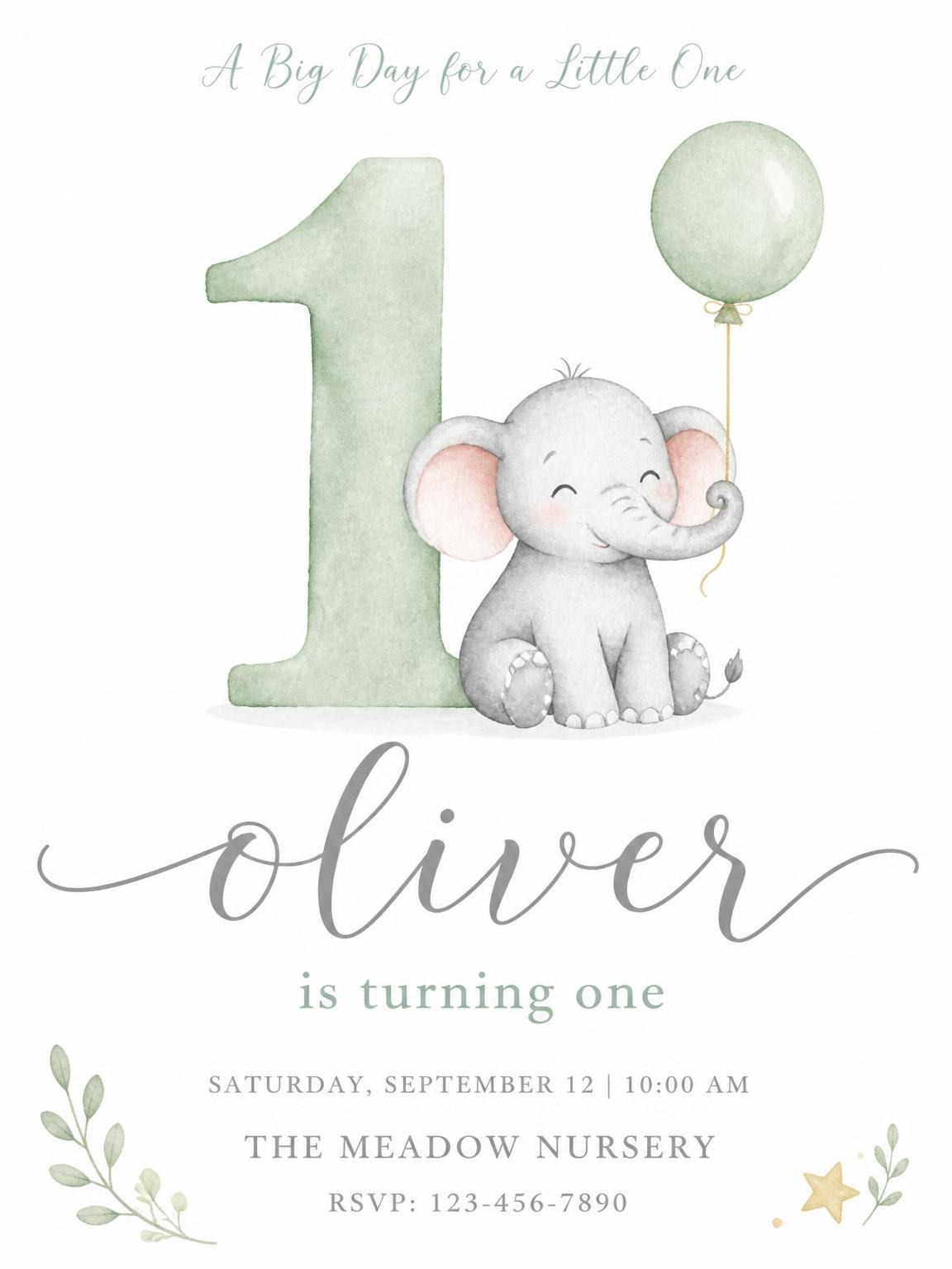 Sage Watercolor Elephant 1st Birthday