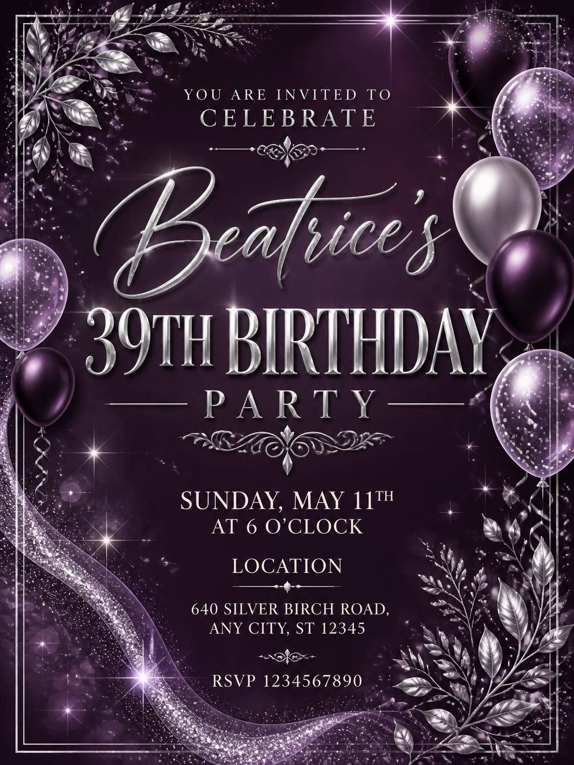Plum and Silver 39th Birthday Invitation