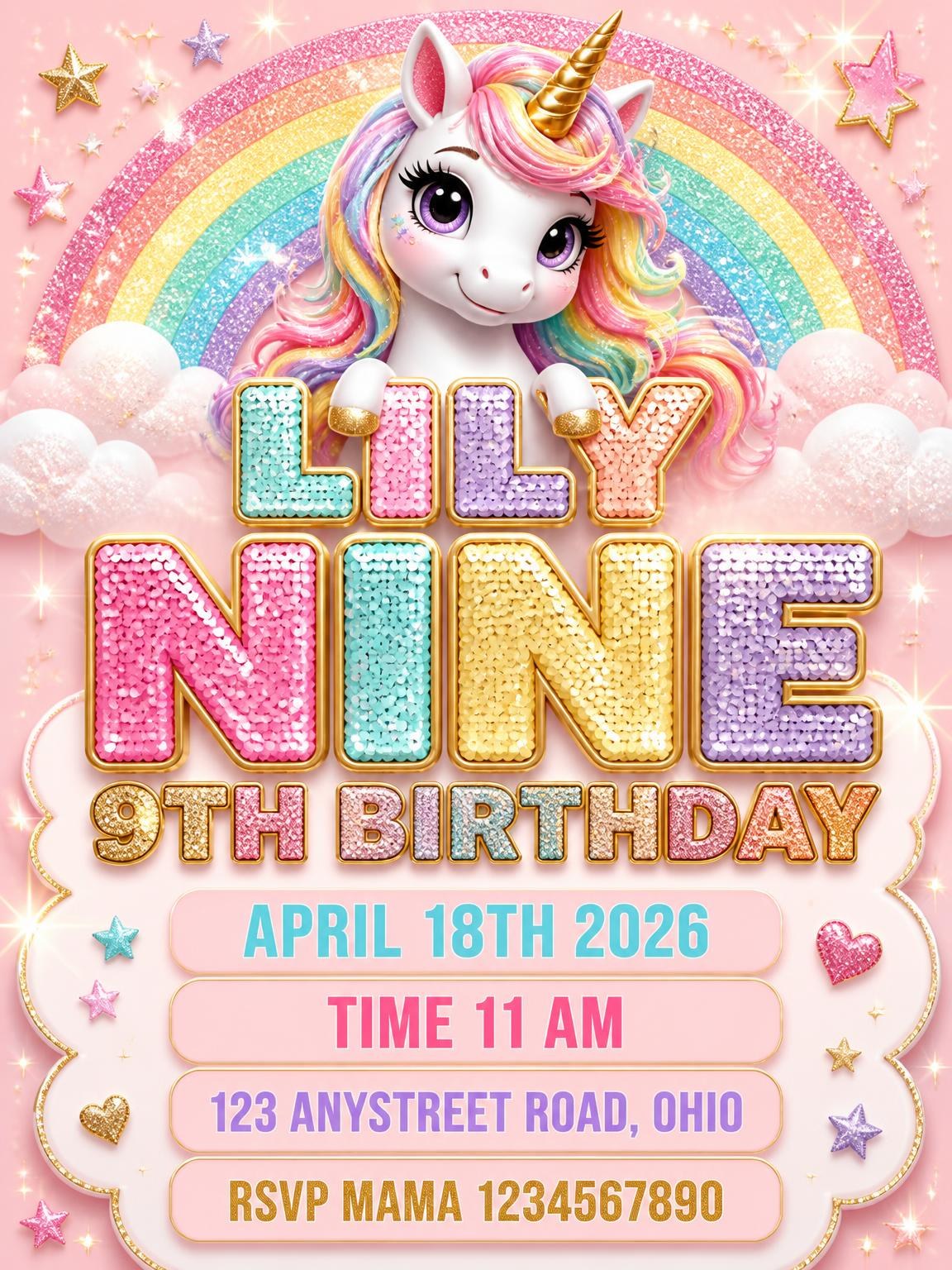 Glitter Unicorn 9th Birthday Invitation