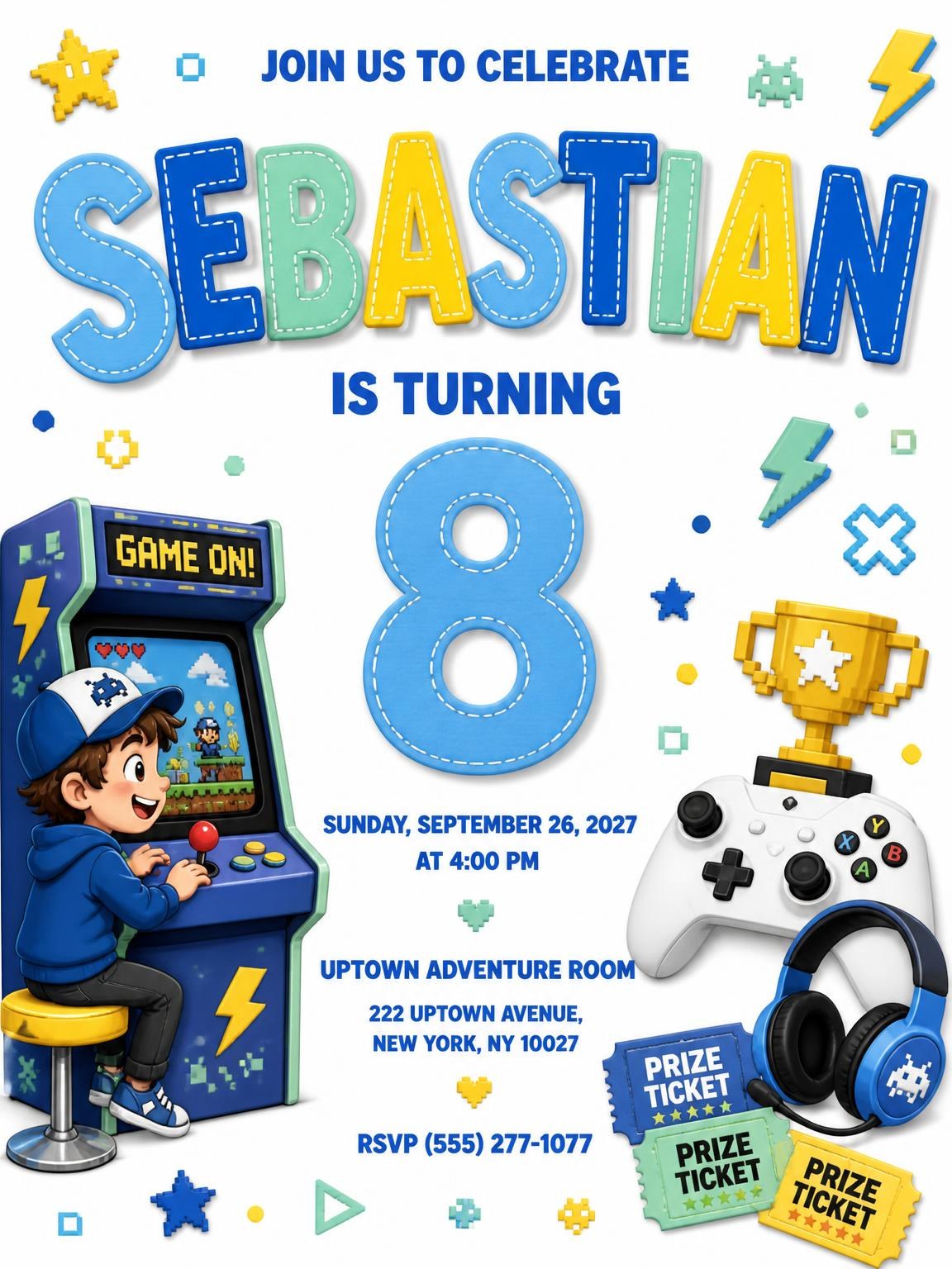 Cabinet Gamer Stitched 8th Birthday Invitation