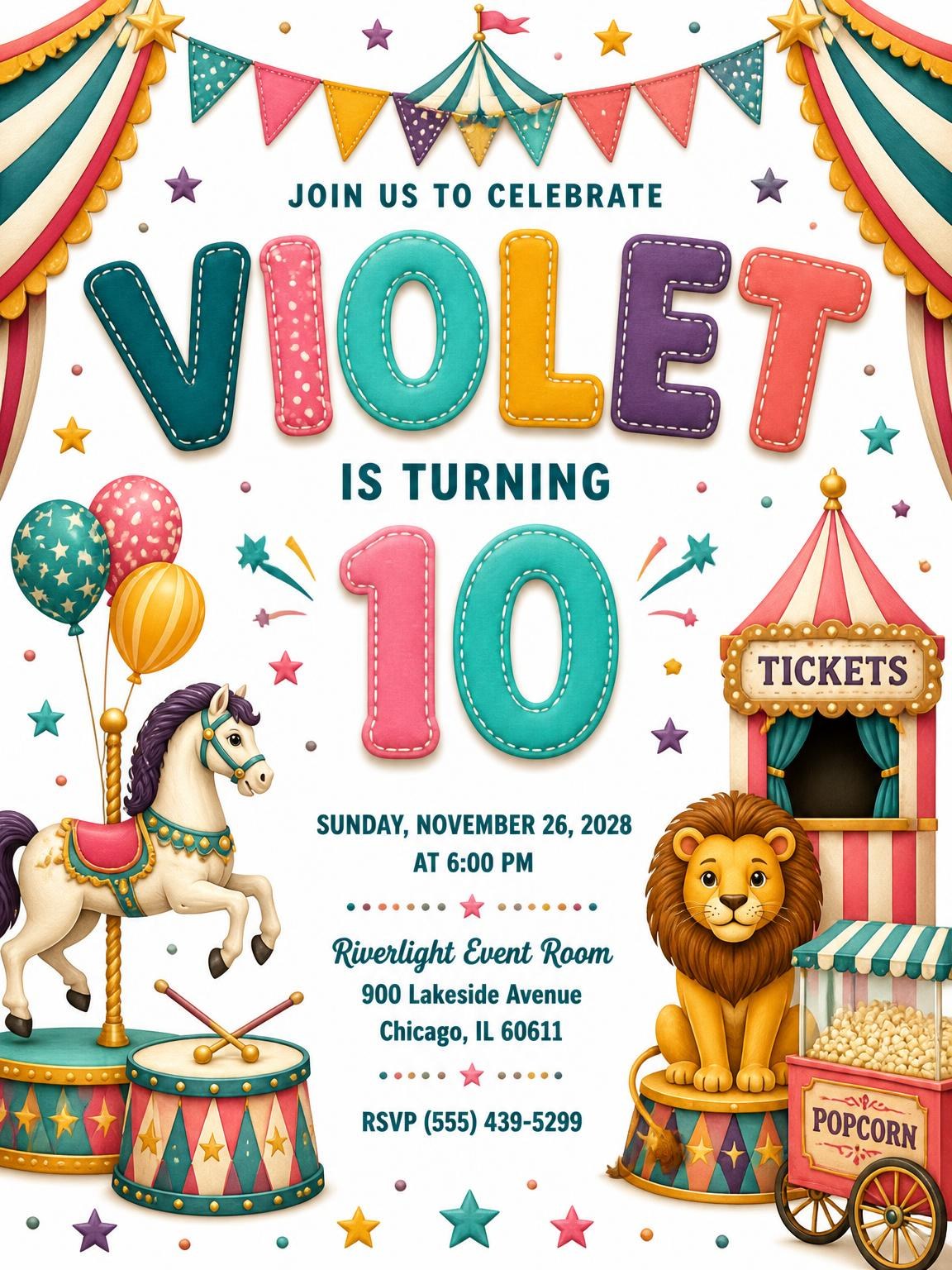 Stitched Circus 10th Birthday Invitation