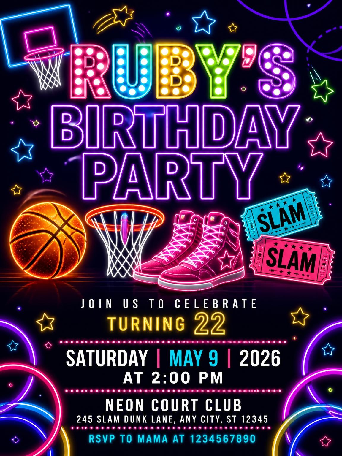 Neon Basketball 22nd Birthday Invitation