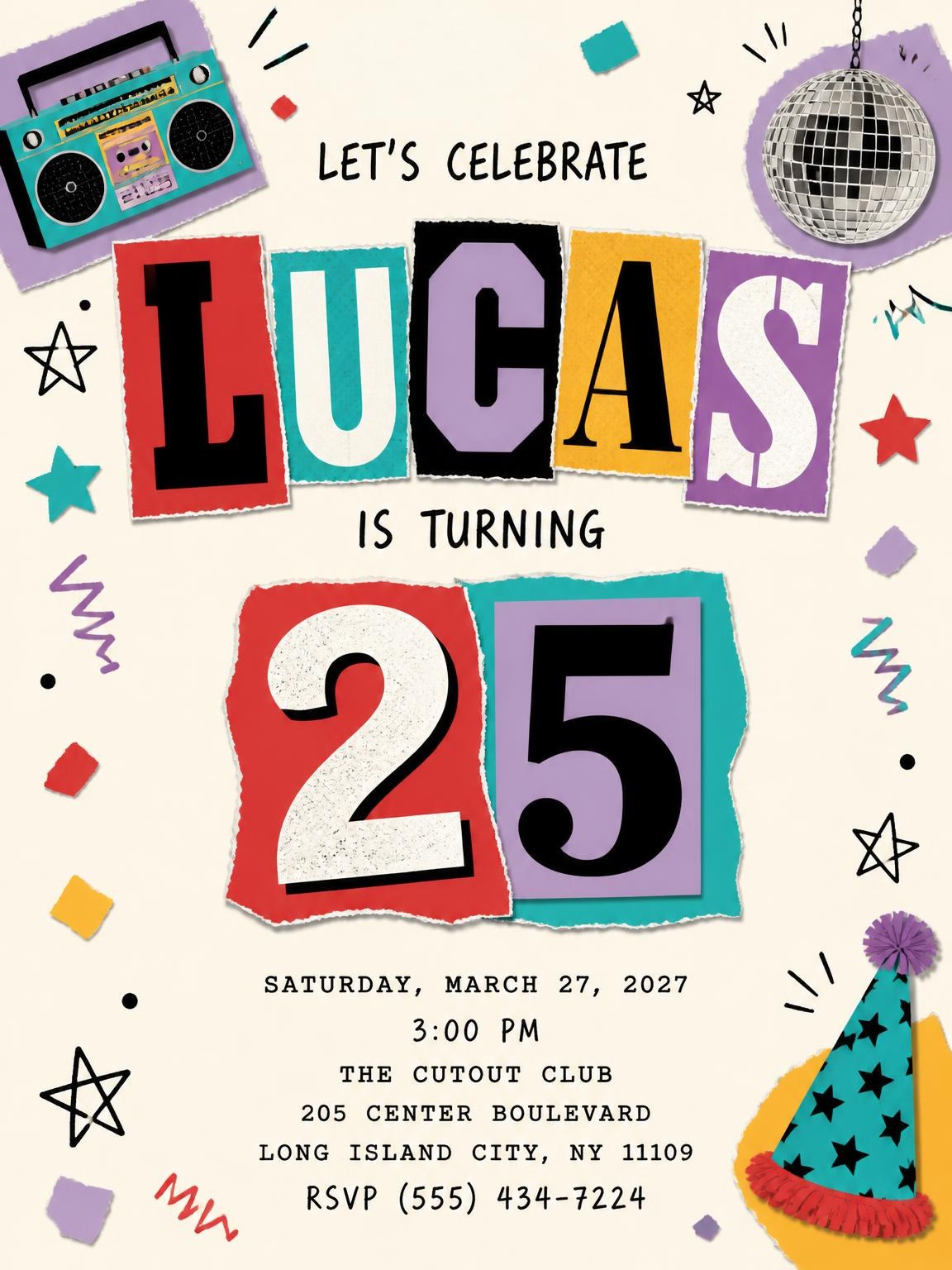 Retro Paper Collage 25th Birthday Invitation