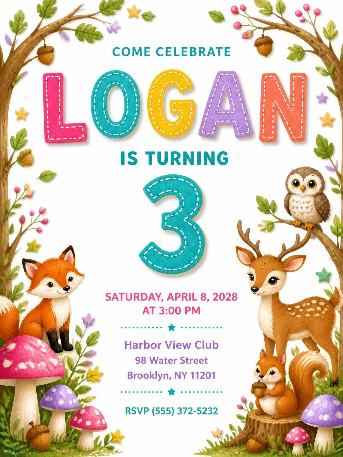 Stitched Woodland 3rd Birthday Invitation