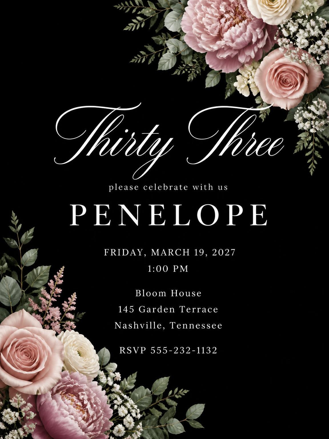 Black Floral 33rd Birthday Invitation