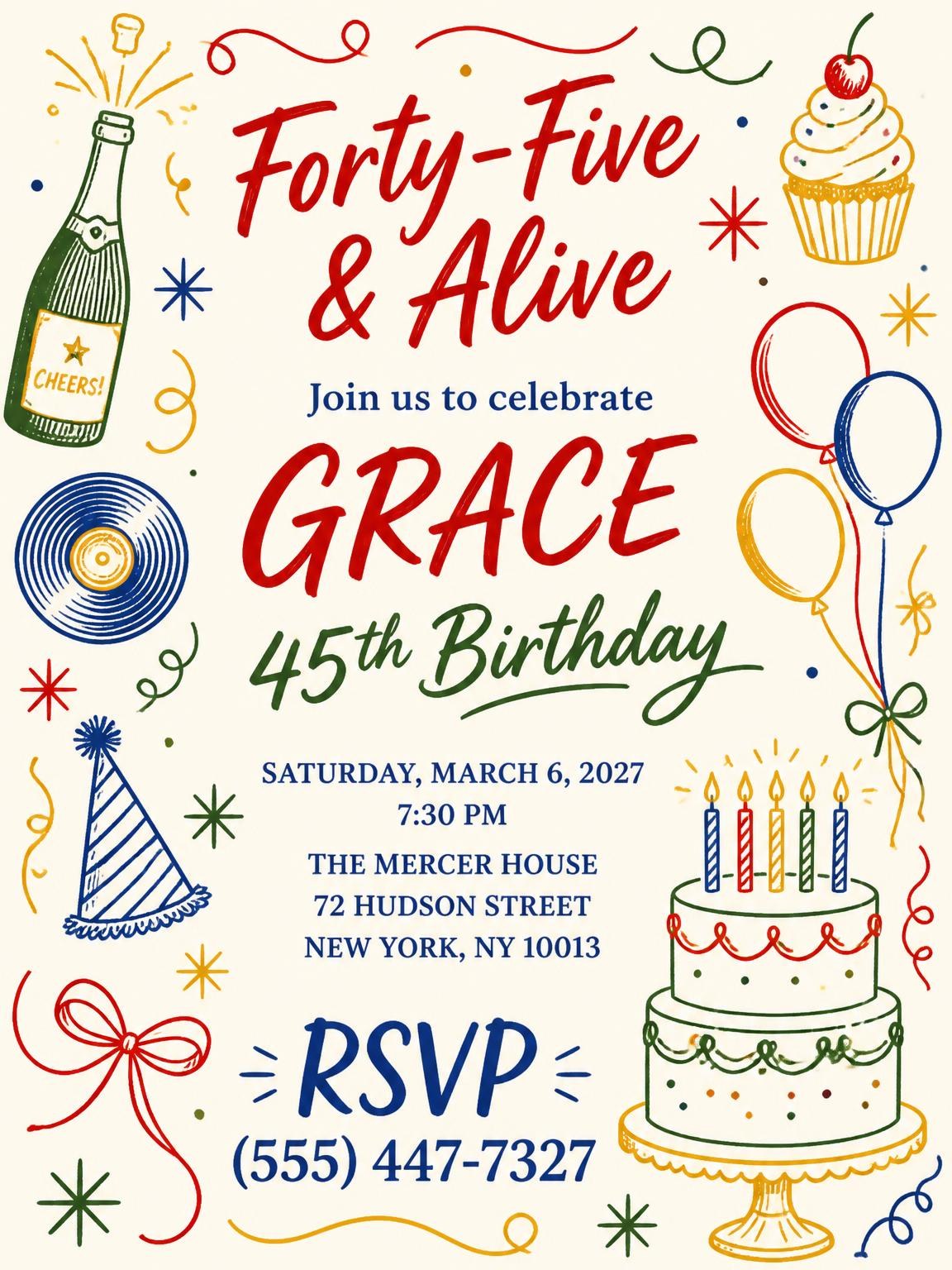 Retro Doodle 45th Birthday Invitation