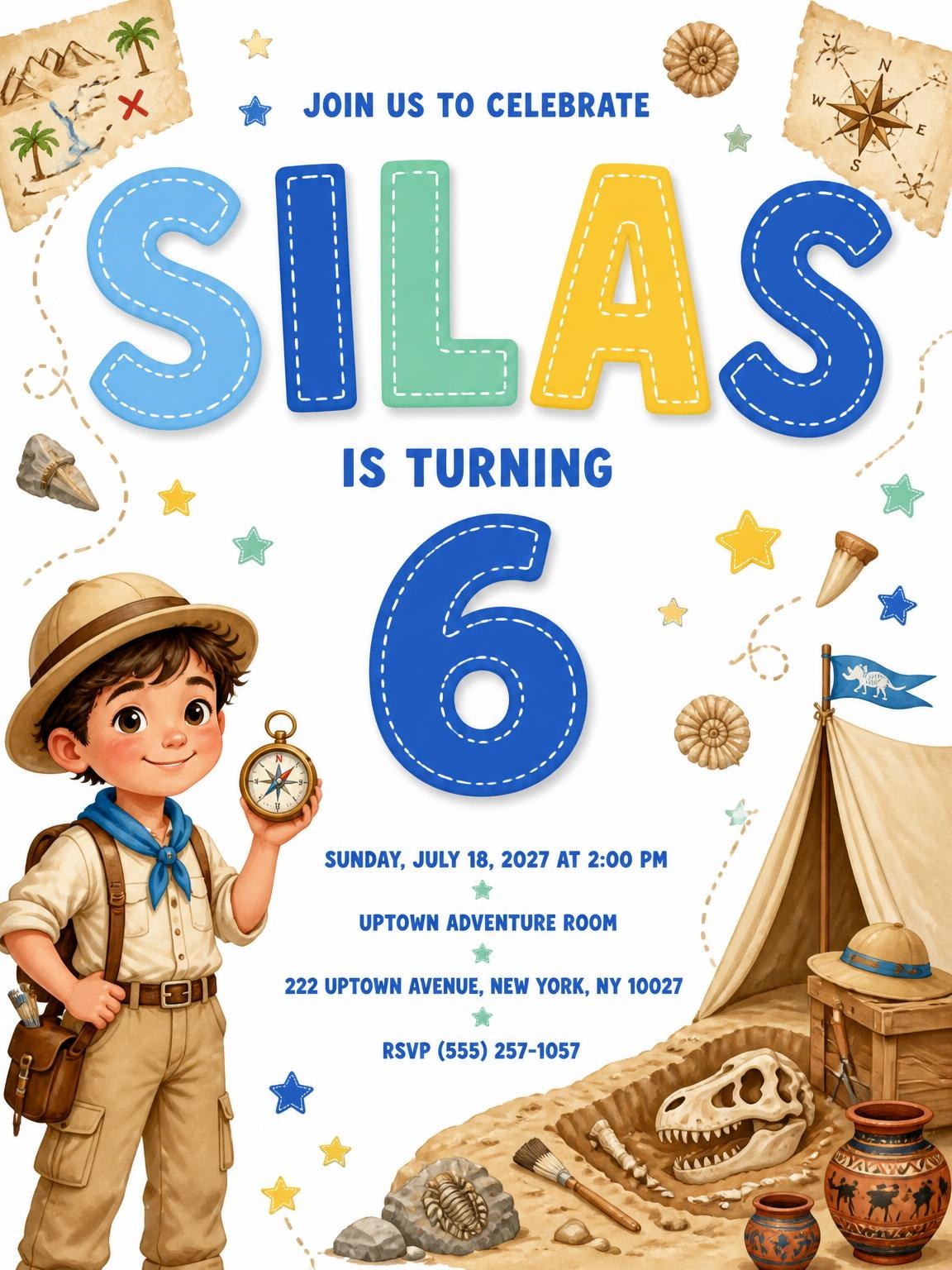 Young Explorer Stitched 6th Birthday Invitation