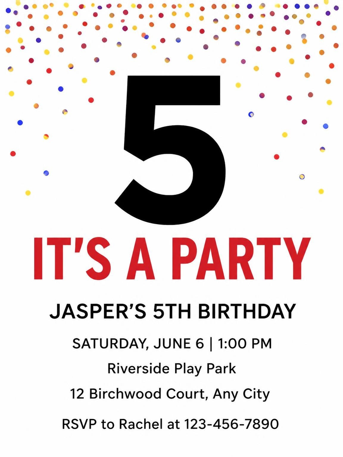 Colorful Confetti 5th Birthday Invitation