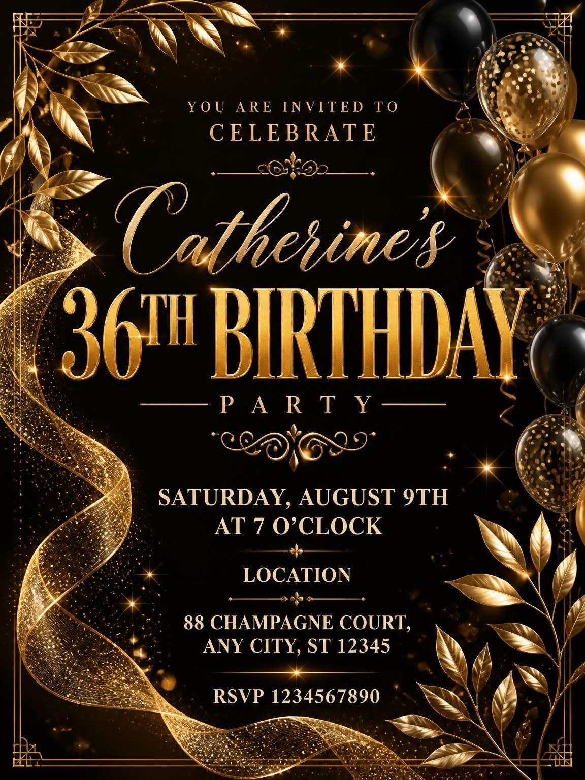 Black and Gold 36th Birthday Invitation