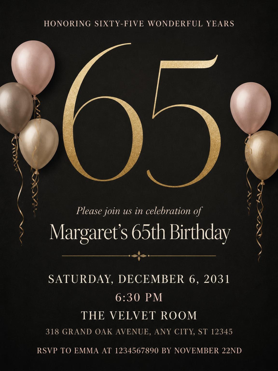 Charcoal and Blush 65th Birthday Invitation