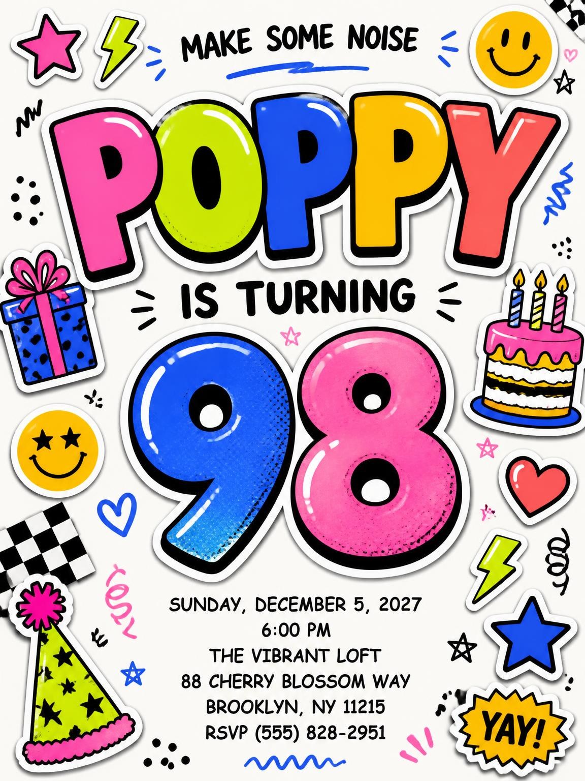 Sticker Pop 98th Birthday Invitation