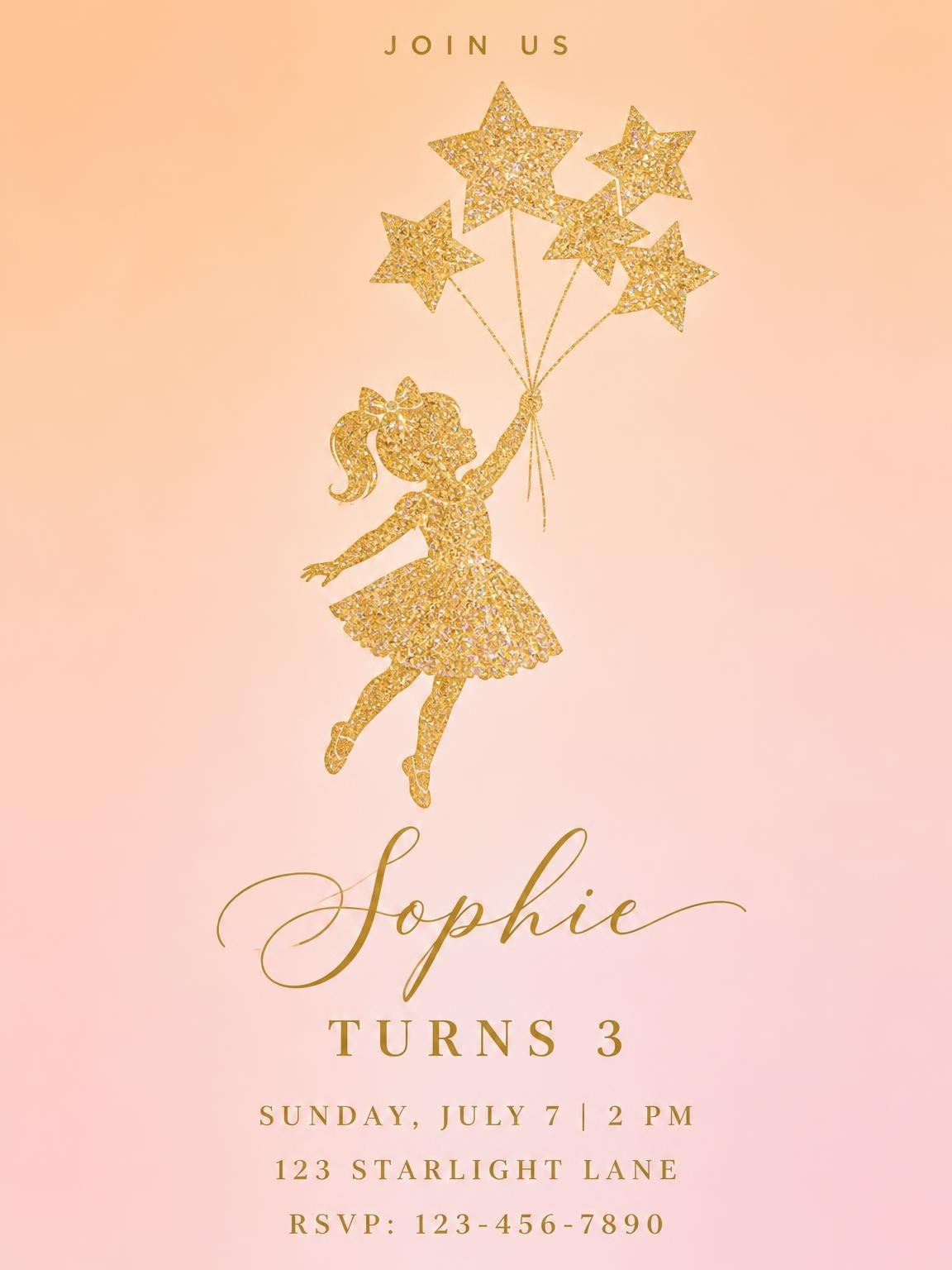 Gold Glitter Star 3rd Birthday Invitation