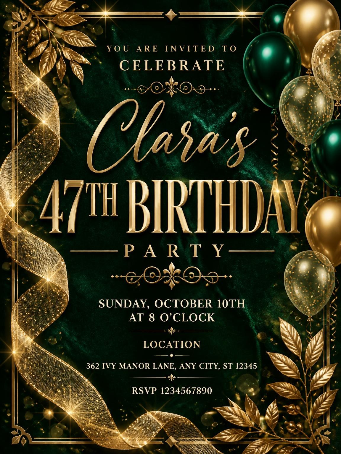 Emerald and Champagne 47th Birthday Invitation
