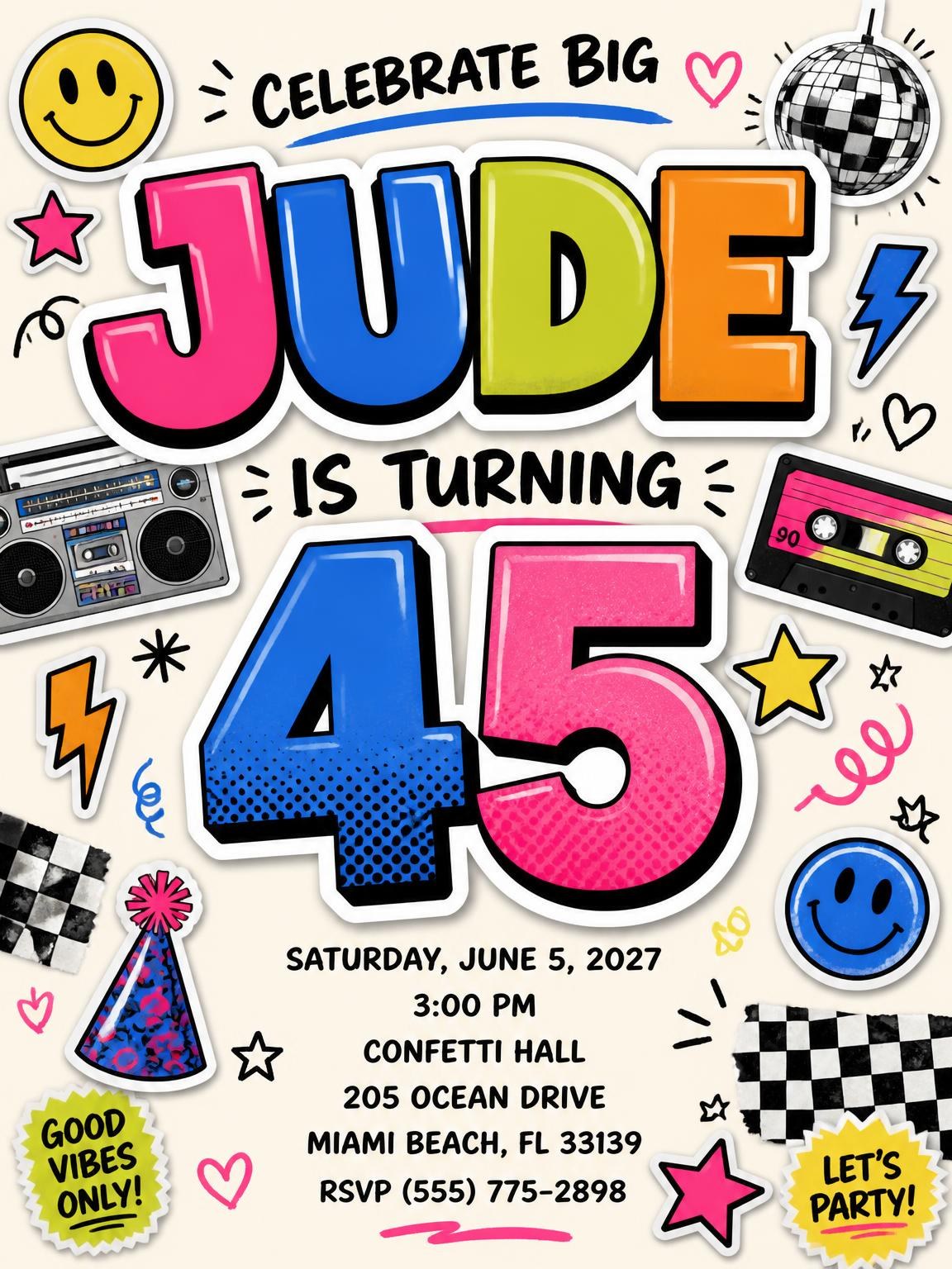 Sticker Pop 45th Birthday Invitation