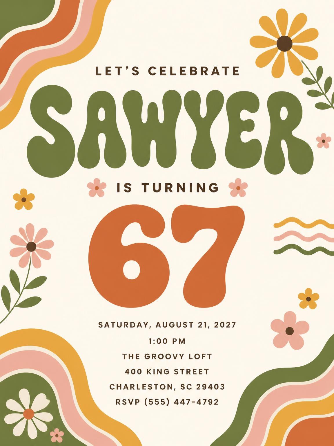 Groovy Retro 67th Birthday Invitation