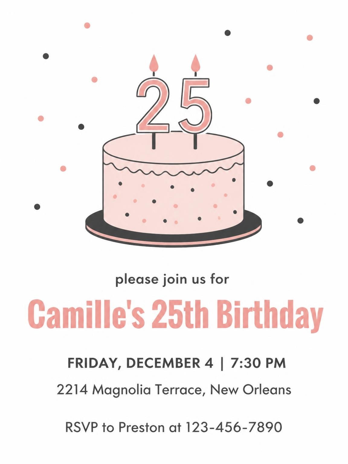 Pink Minimalist Cake 25th Birthday Invitation