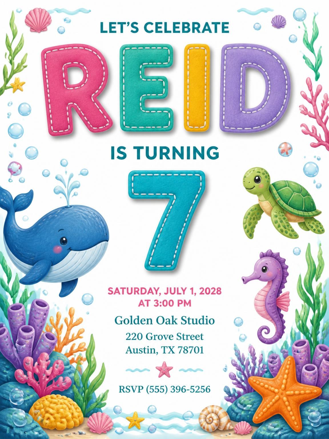 Stitched Under the Sea 7th Birthday Invitation