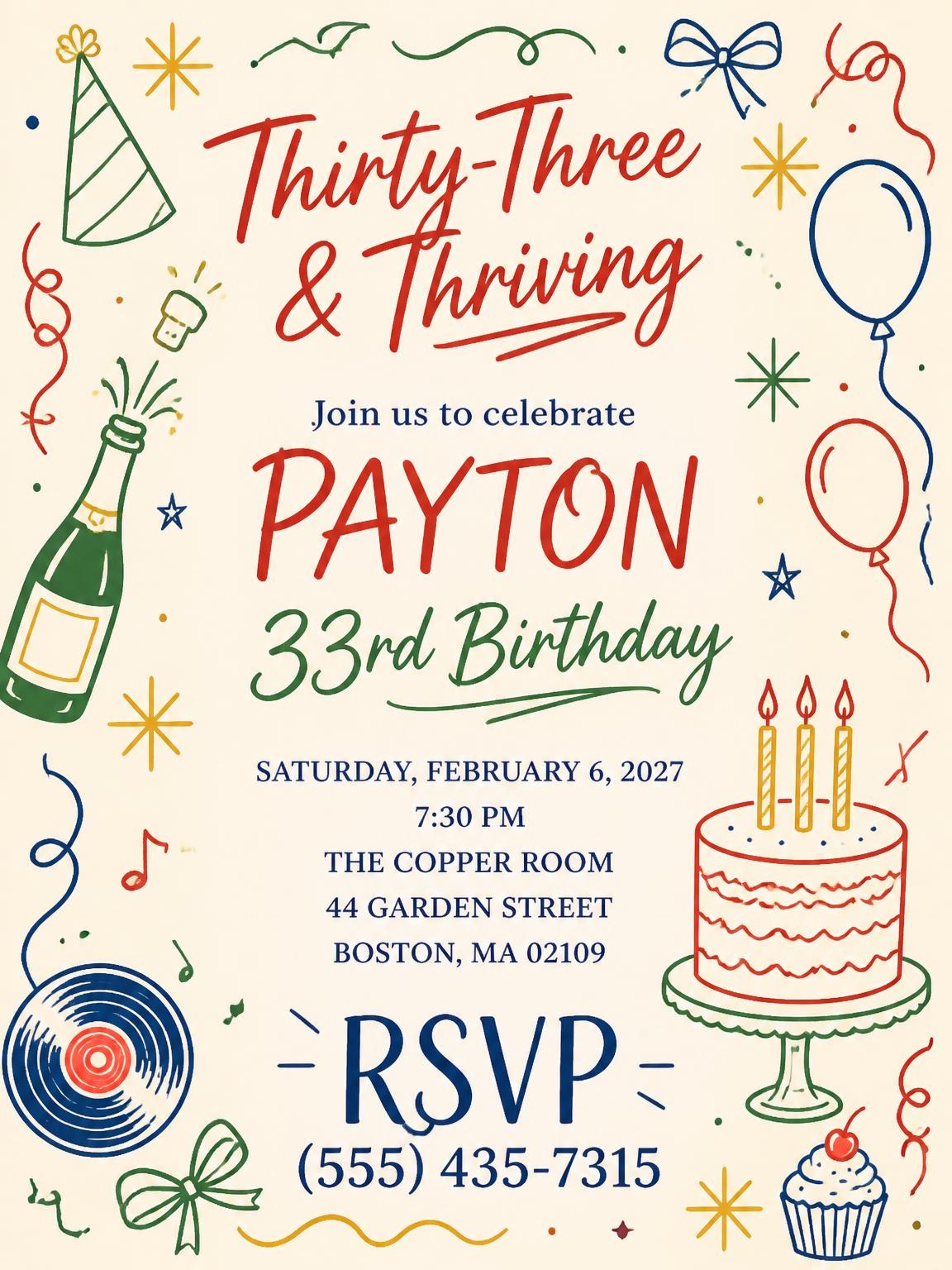 Retro Doodle 33rd Birthday Invitation