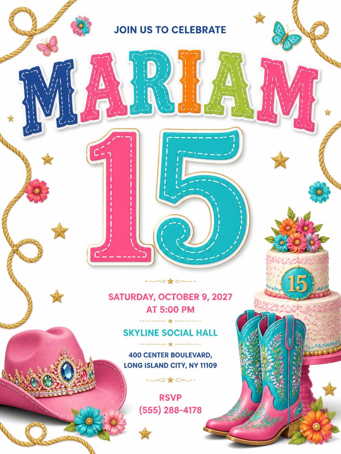 Pink Cowgirl 15th Birthday Party Invitation