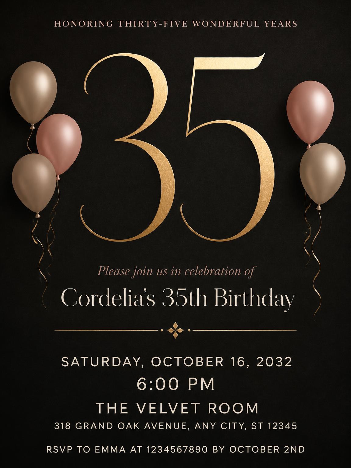 Charcoal and Blush 35th Birthday Invitation