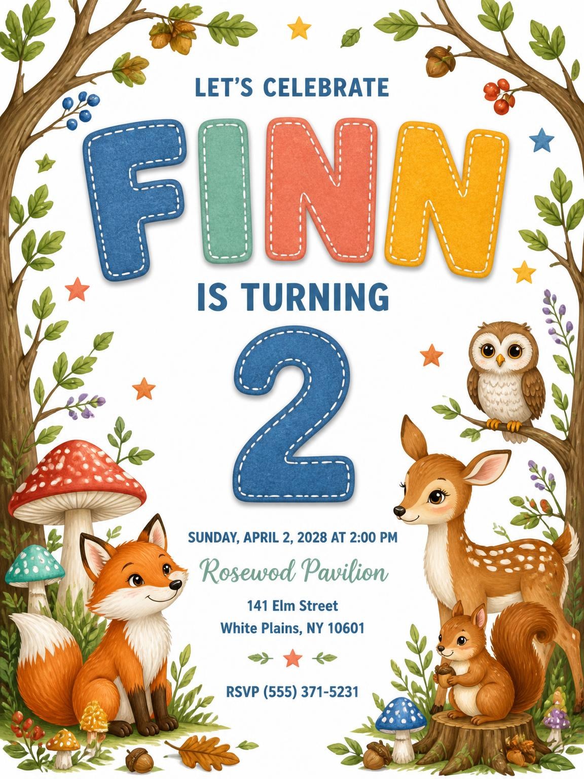 Stitched Woodland 2nd Birthday Invitation