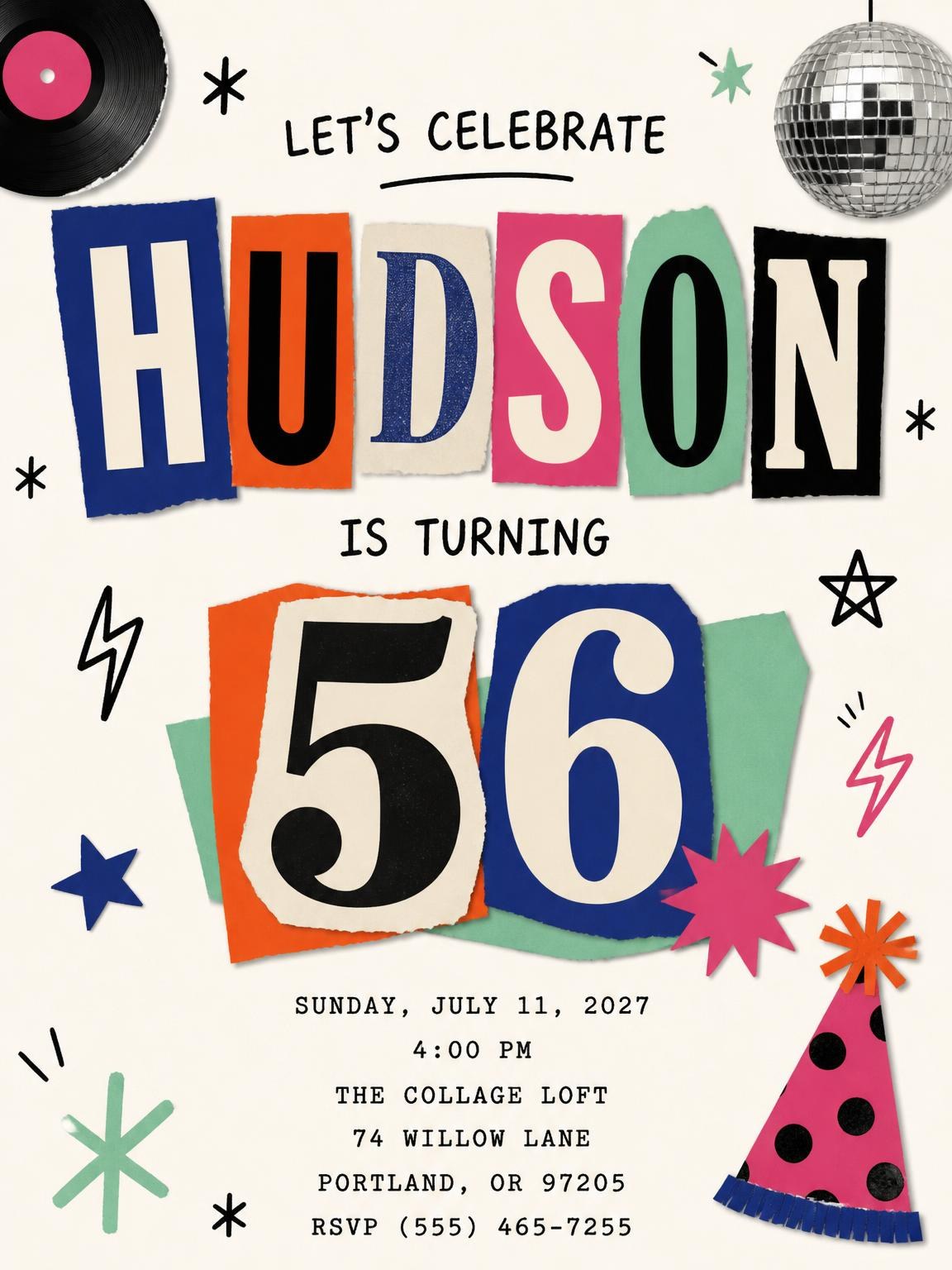 Retro Paper Collage 56th Birthday Invitation
