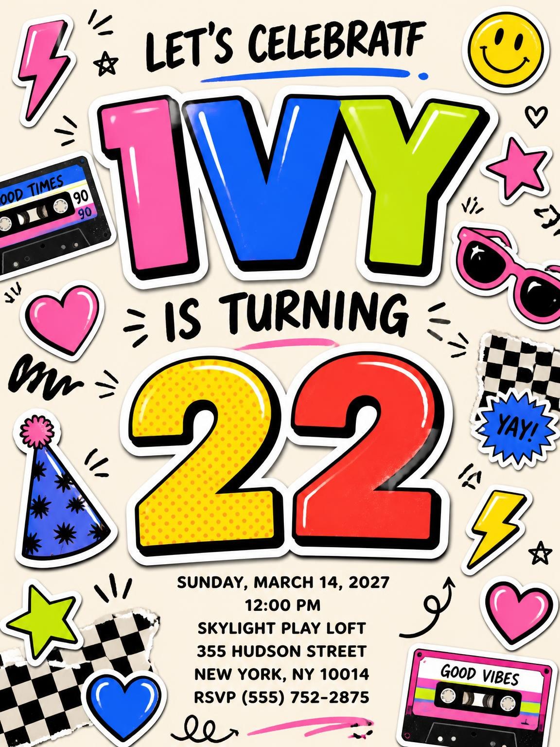 Sticker Pop 22nd Birthday Invitation