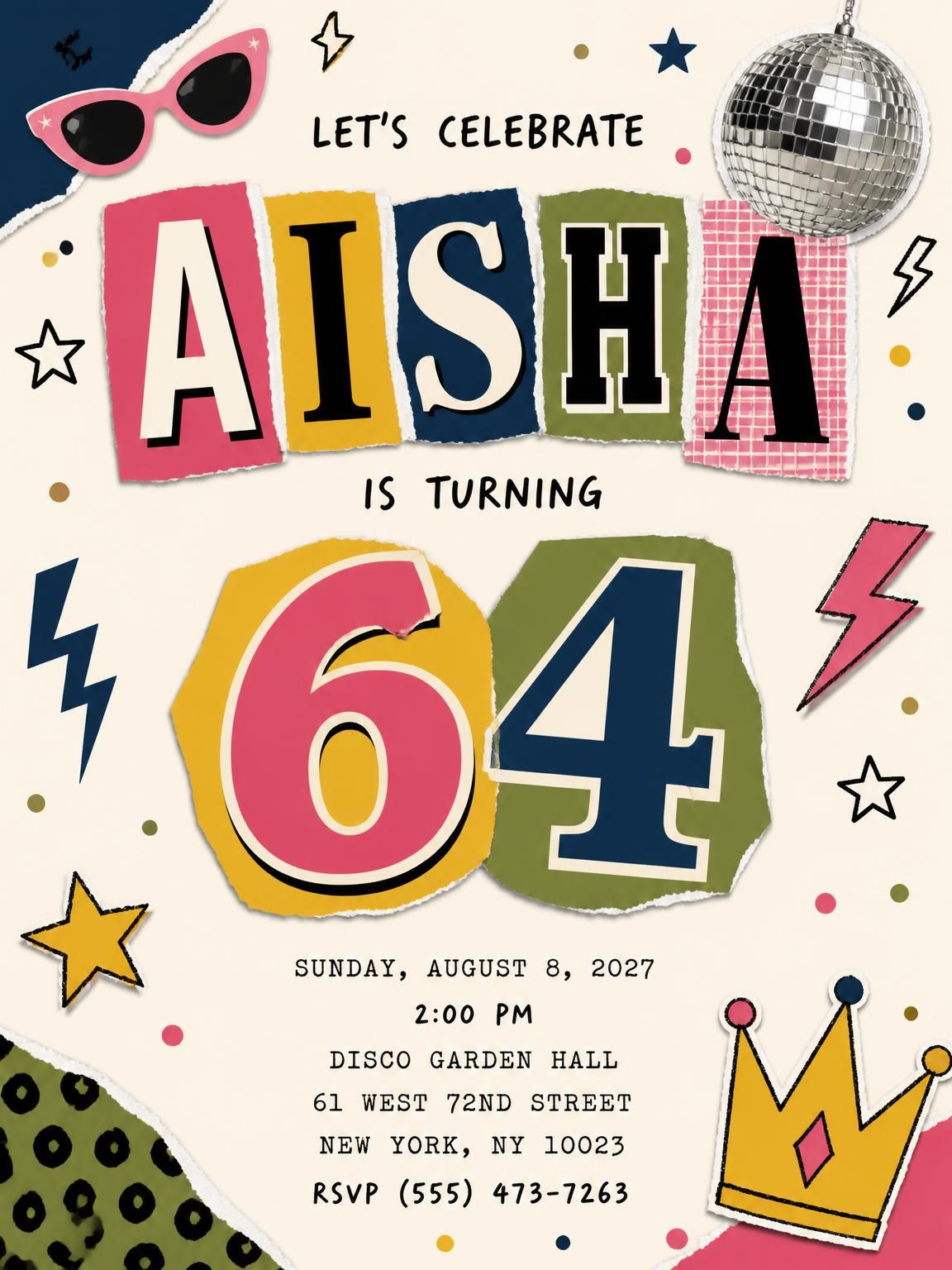 Retro Paper Collage 64th Birthday Invitation