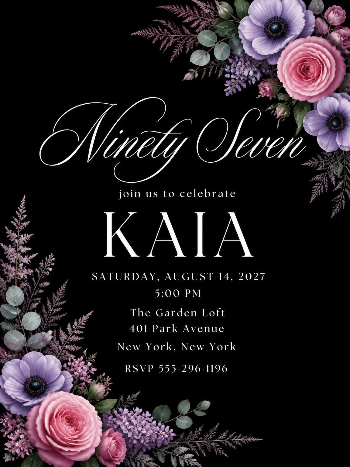 Black Floral 97th Birthday Invitation