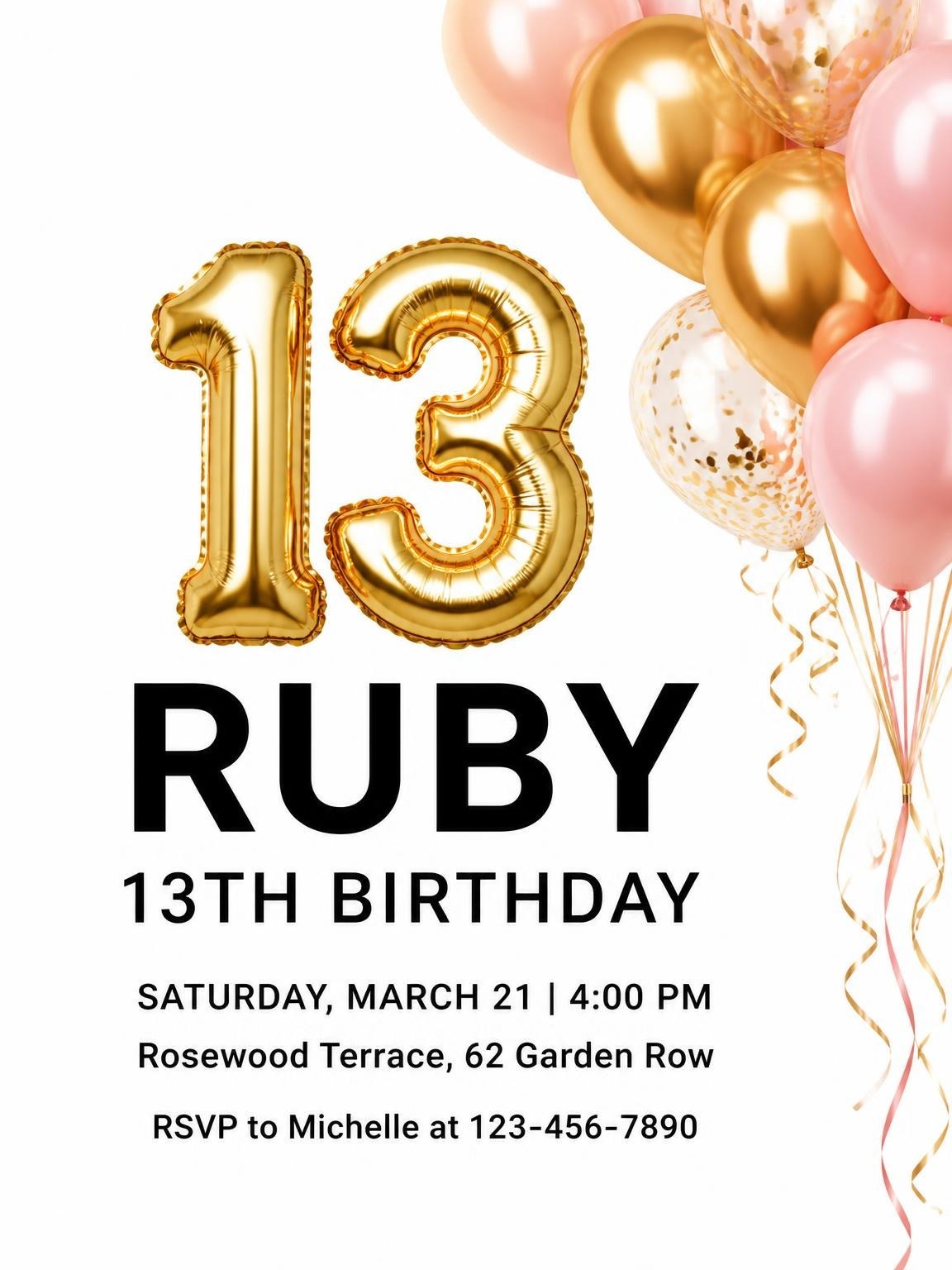 Gold Pink Balloon 13th Birthday