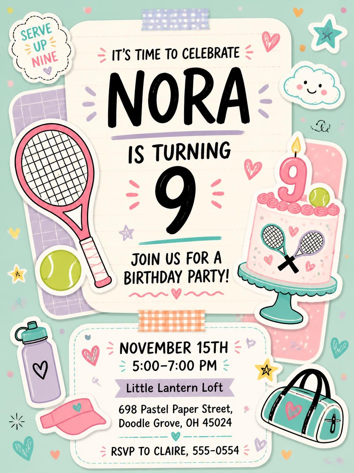 Tennis Racket Pastel 9th Birthday Invitation
