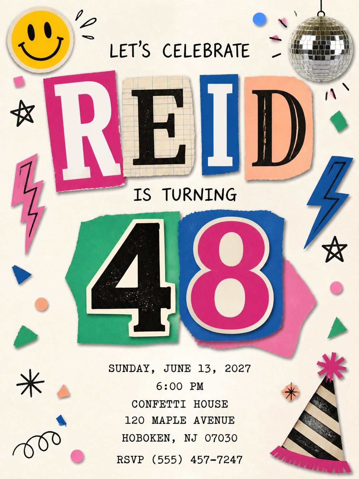 Retro Paper Collage 48th Birthday Invitation