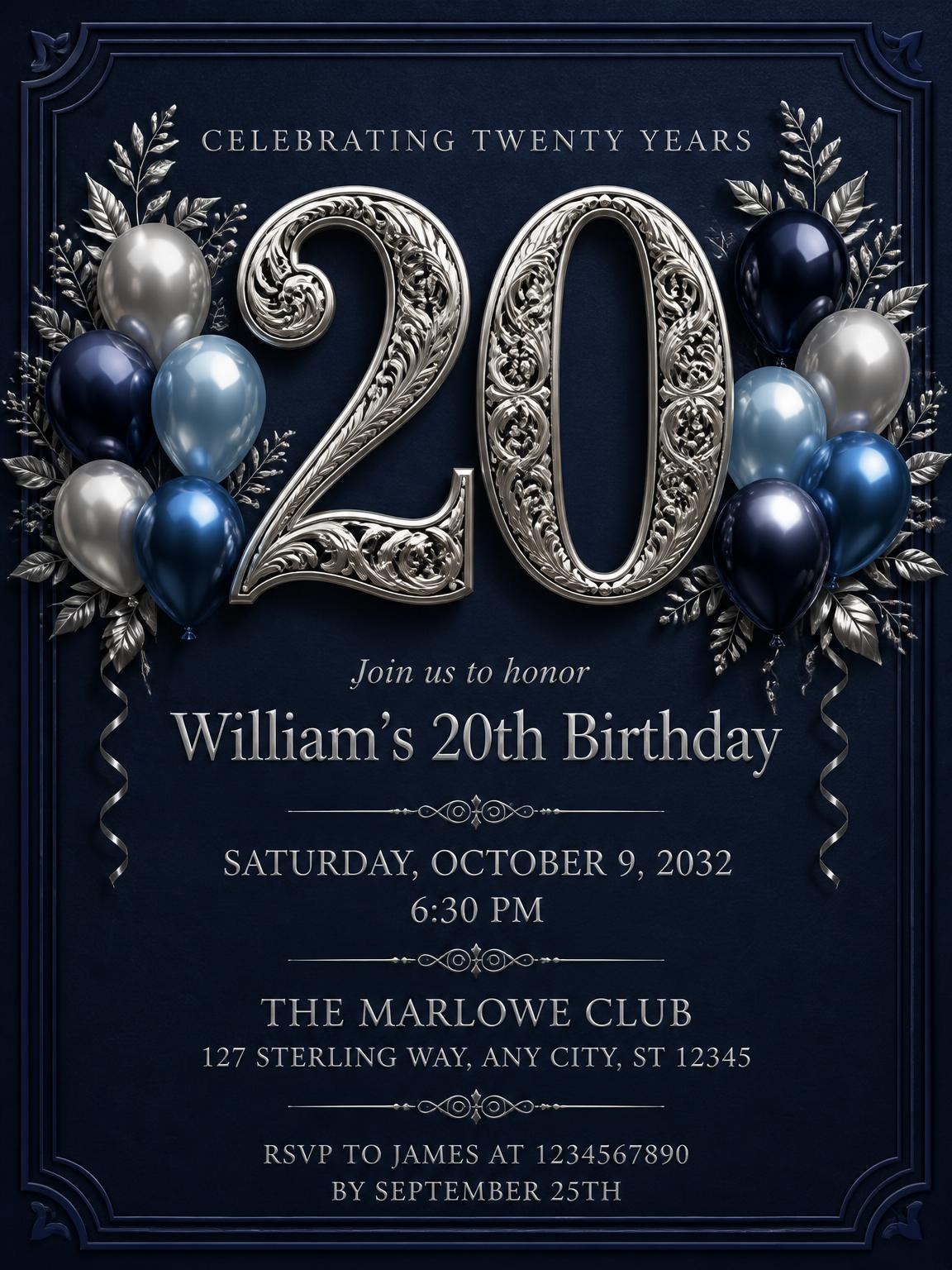 Navy and Silver 20th Birthday Invitation