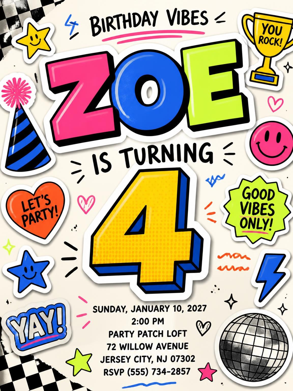 Sticker Pop 4th Birthday Invitation