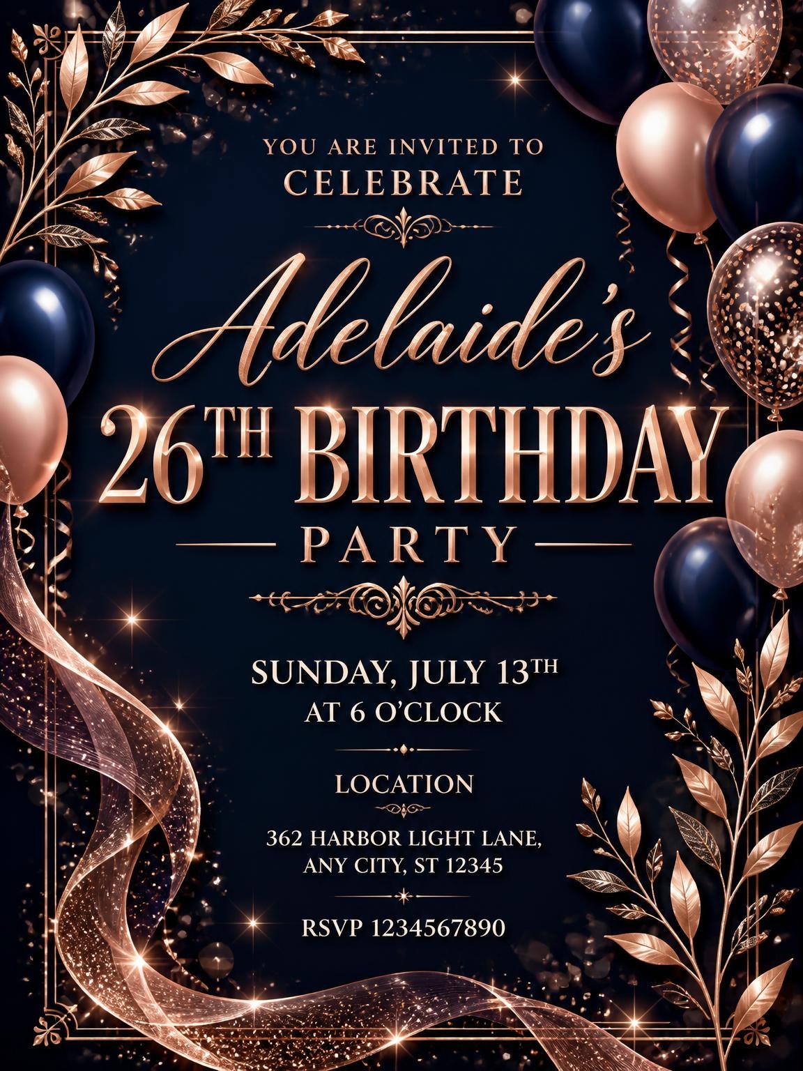 Navy and Rose Gold 26th Birthday Invitation
