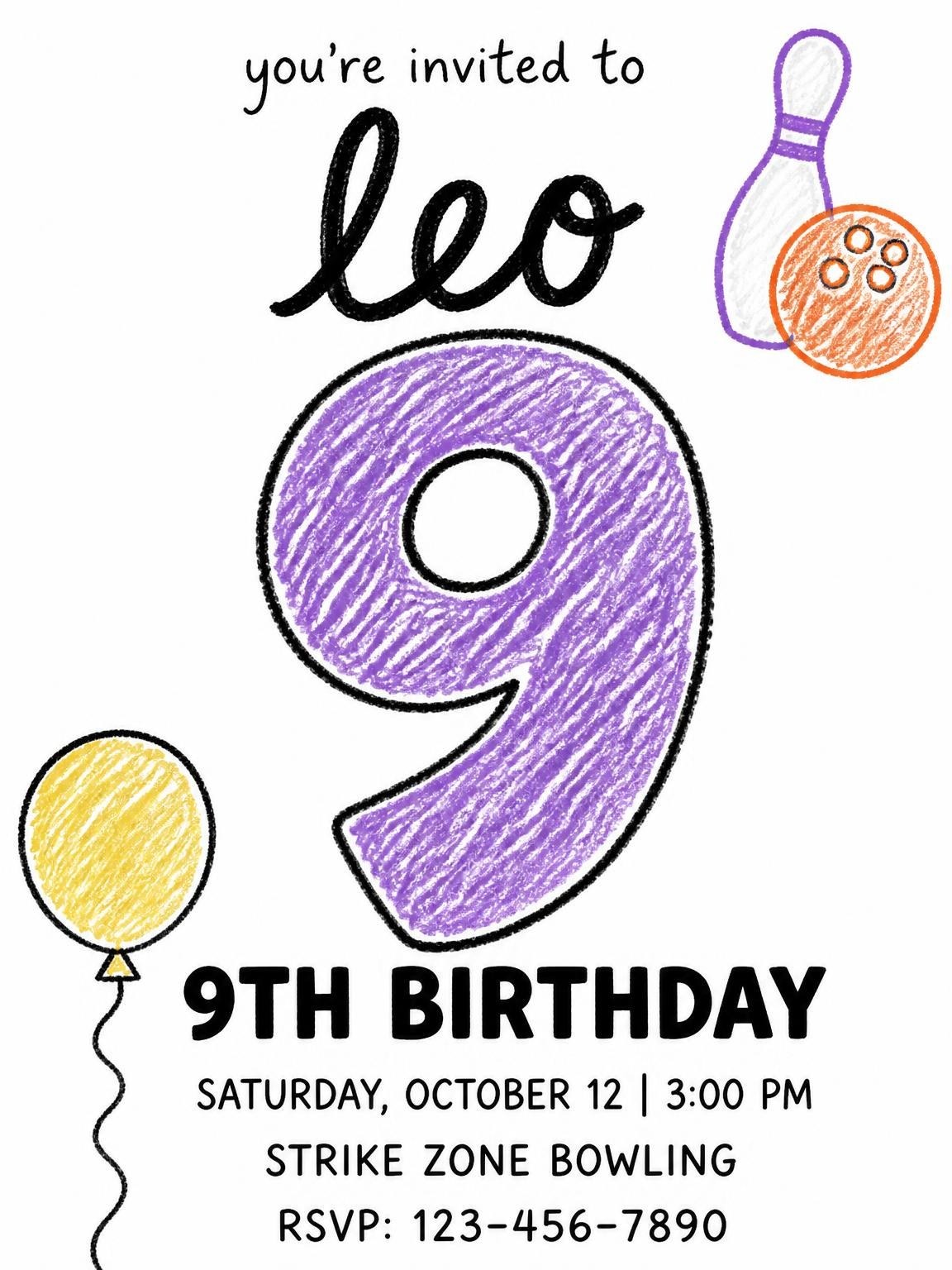 Crayon Bowling Themed 9th Birthday Invitation