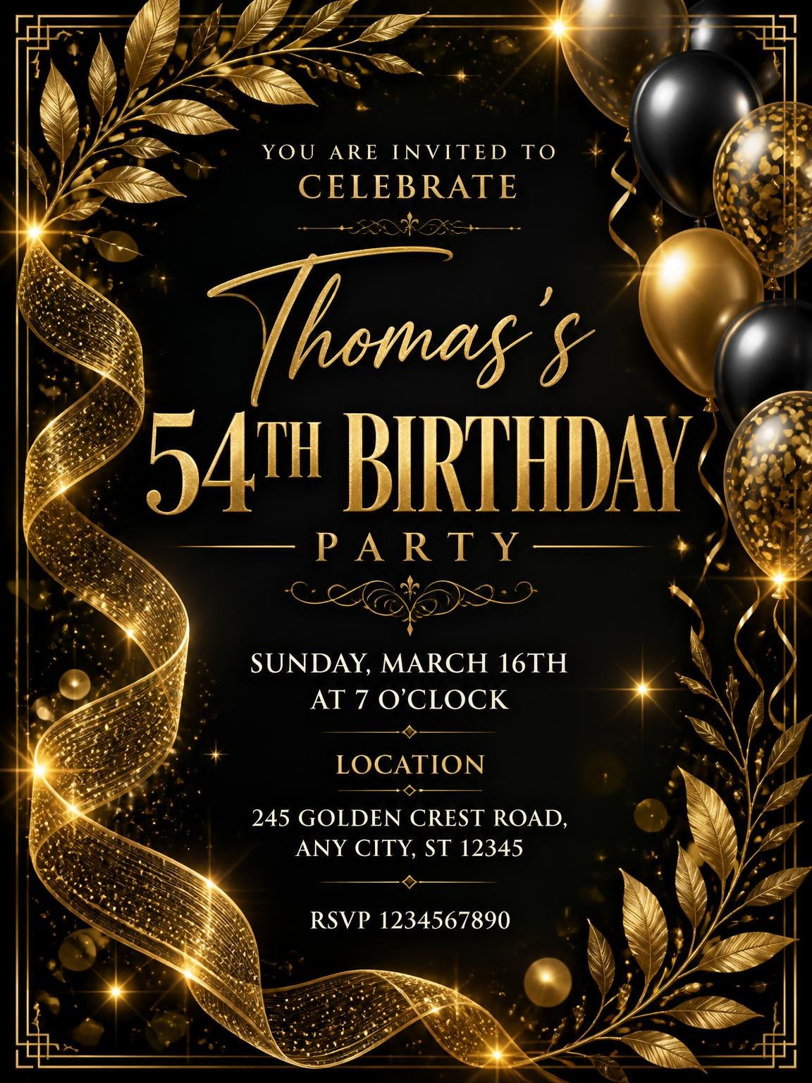 Black and Gold 54th Birthday Invitation