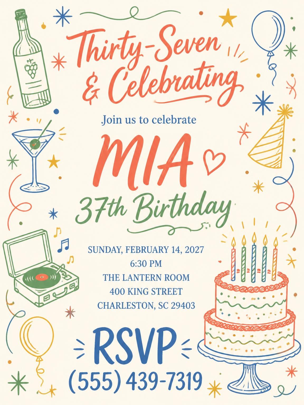 Retro Doodle 37th Birthday Invitation