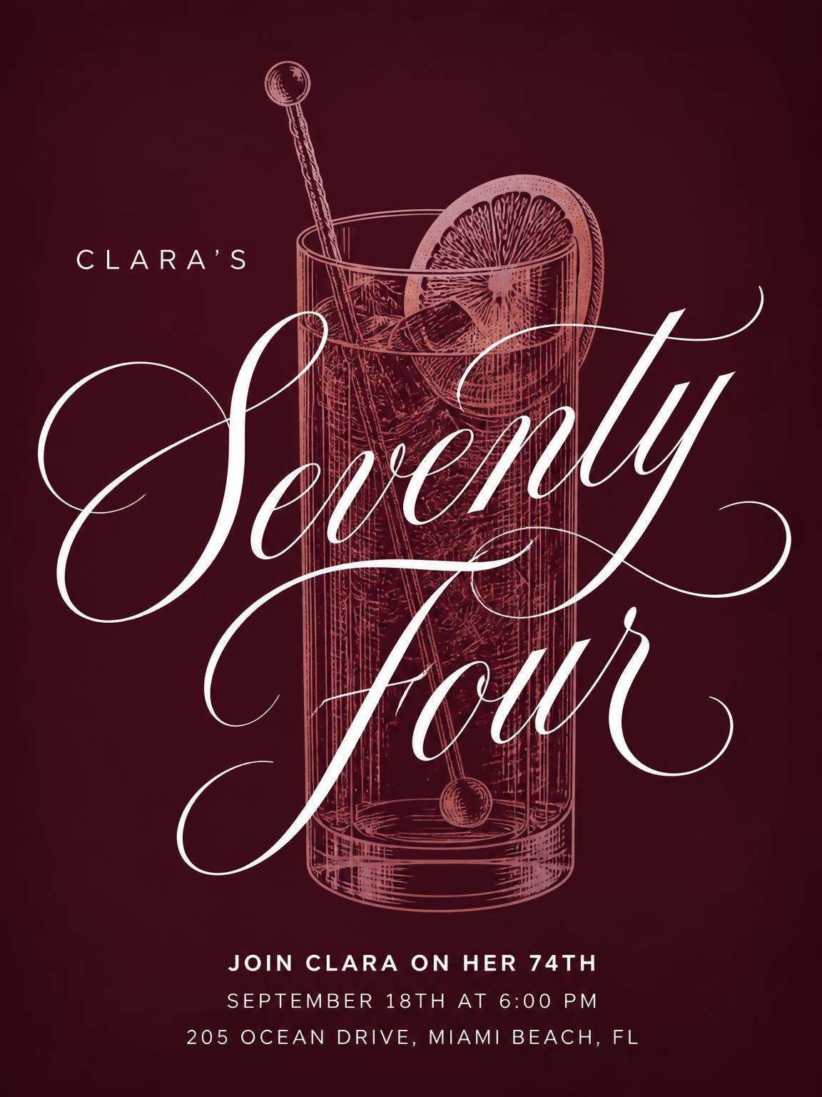 Burgundy Cocktail 74th Birthday Invitation